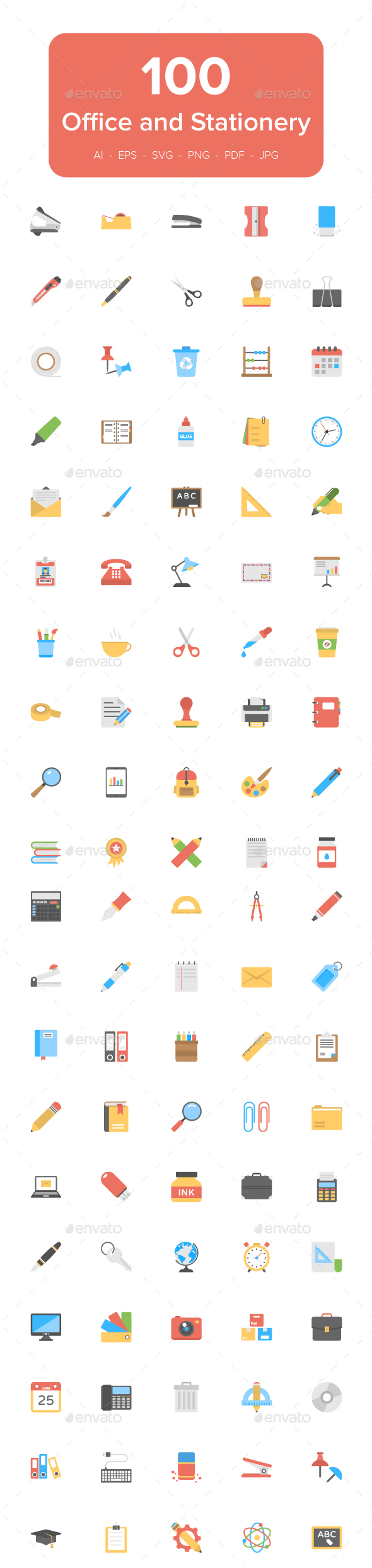 100 Office and Stationery Flat Icons - Icons