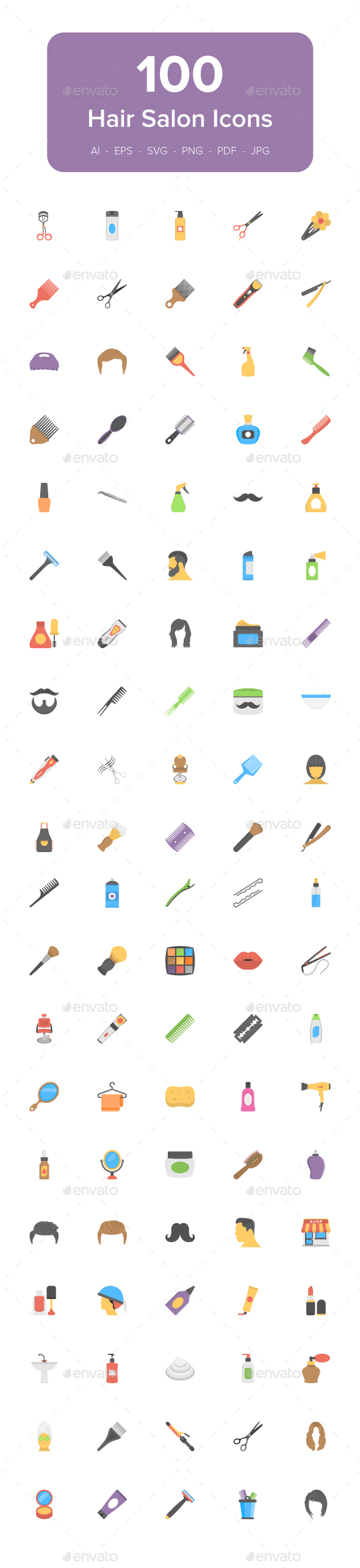 100 Hair Salon Flat Vector Icons - Icons