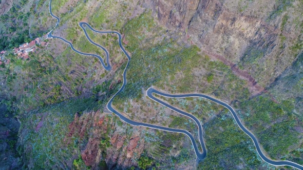 Aerial View Winding Road Near Masca Gorge