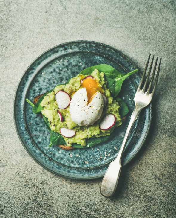 Healthy vegetarian gluten-free breakfast toasts flat-lay, copy space - Stock Photo - Images