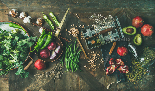 Winter vegetarian or vegan food cooking ingredients, top view - Stock Photo - Images