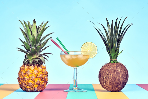 Tropical Pineapple and Coconut.Bright Summer Color - Stock Photo - Images
