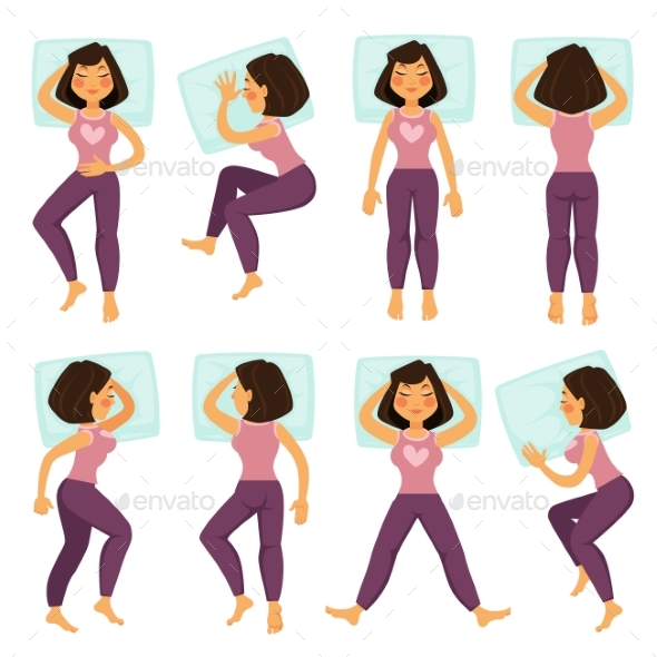 Woman Girl in Sleeping Poses on Bed with Pillow - People Characters