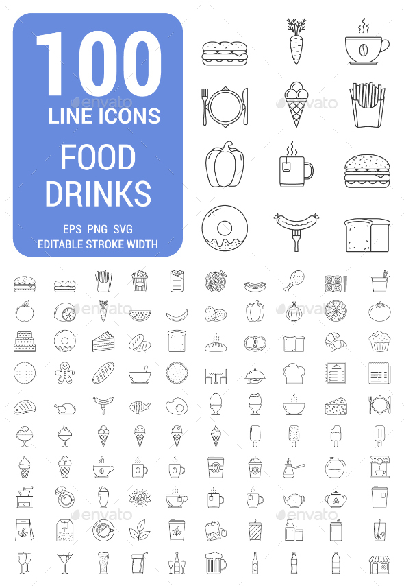 100 Food and Drinks Line Icons - Food Objects