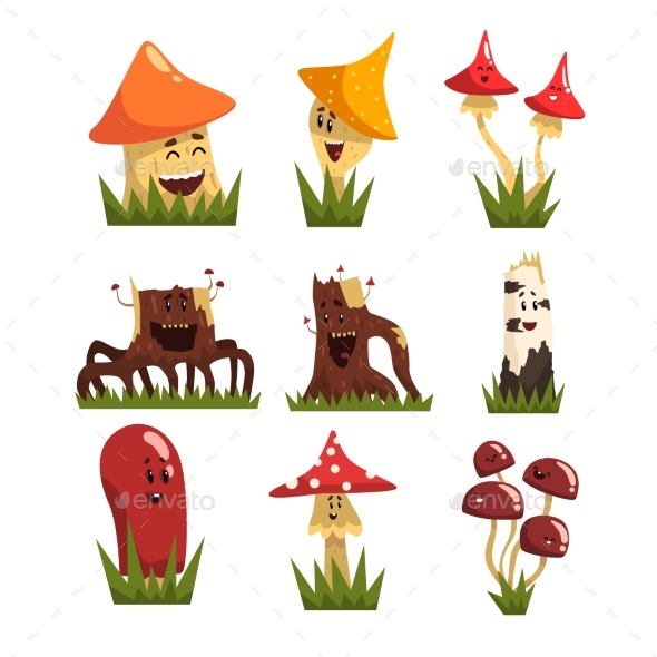 Mushrooms Characters with Colorful Caps Set - Miscellaneous Characters