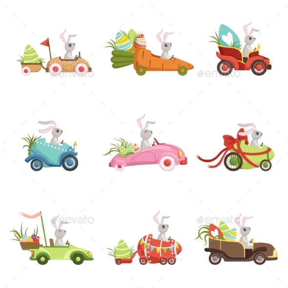 Bunnies Driving Vintage Car - Miscellaneous Seasons/Holidays