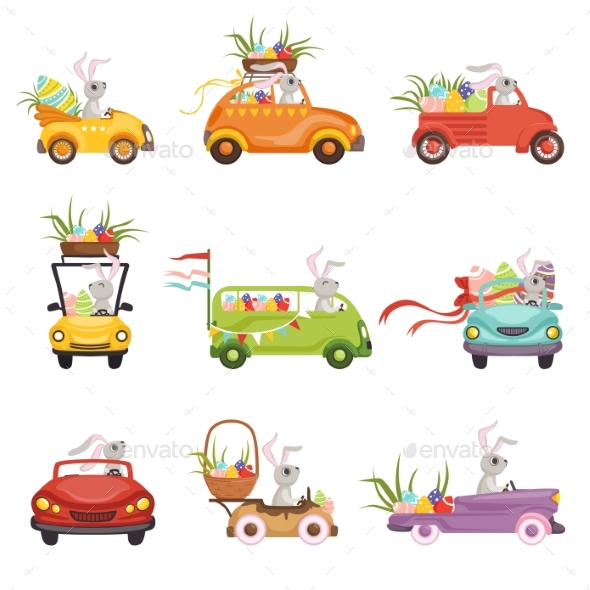 Bunnies Driving Vintage Car Decorated