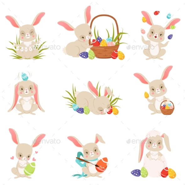 Cartoon Bunnies Holding and Eggs Set - Miscellaneous Vectors