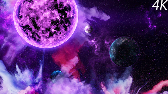 Abstract Nebula in Deep Space with Big Purple Star and Planets and Energy Flares