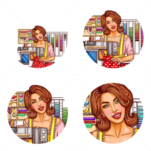 Vector Set of Female Avatars in Pop Art Style - People Characters