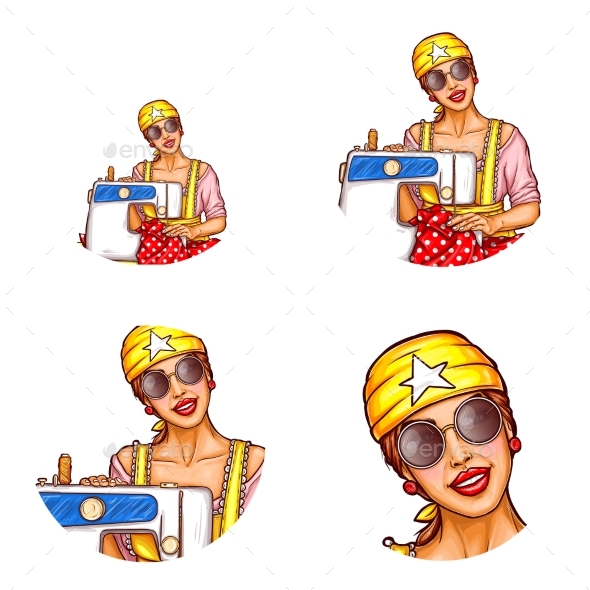 Vector Set of Female Avatars in Pop Art Style - People Characters
