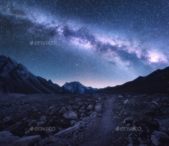Space. Milky Way, mountains and trail at night - Stock Photo - Images