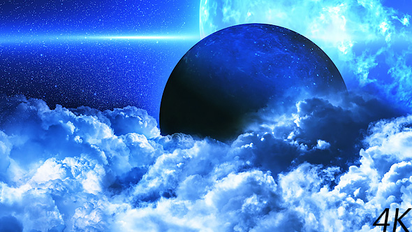 Abstract Blue Clouds in Space and Planet with the Big Blue Star