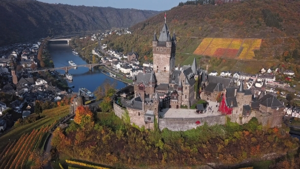 Flight Over Cochem Castle, Germany. alt