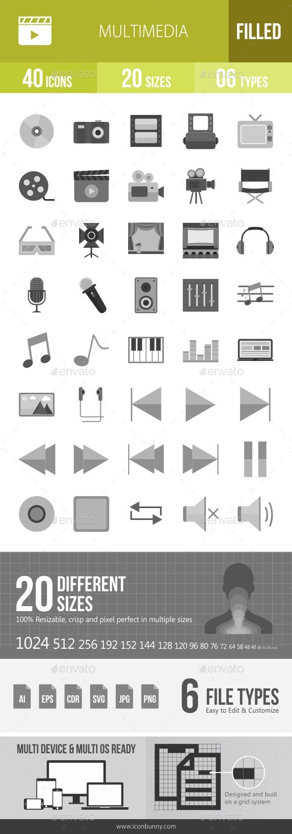 40 Multimedia Grey Scale Icons - Icons