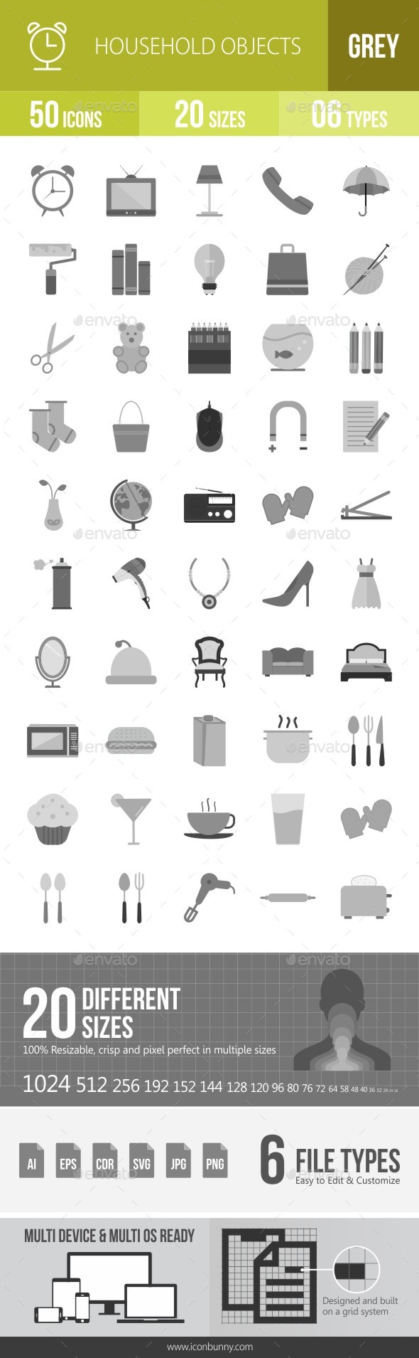 50 Household Objects Grey Scale Icons - Icons