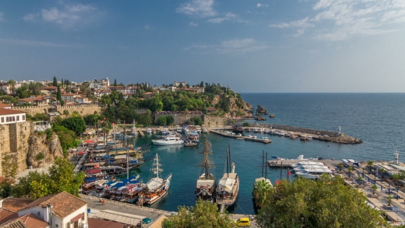 Aerial View of Yacht Harbor and Red House Roofs in "Old Town"  Antalya, Turkey. alt