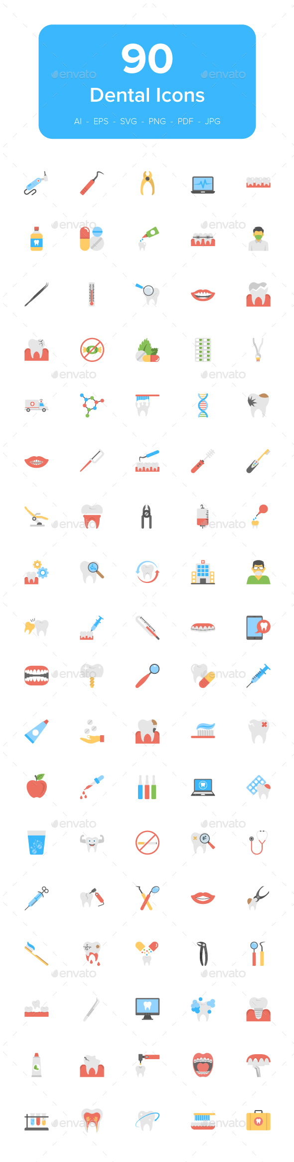 90 Dental Flat Vector Icons Set - Icons