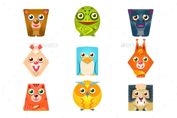 Geometric Shape Flat Cartoon Animals Set - Animals Characters