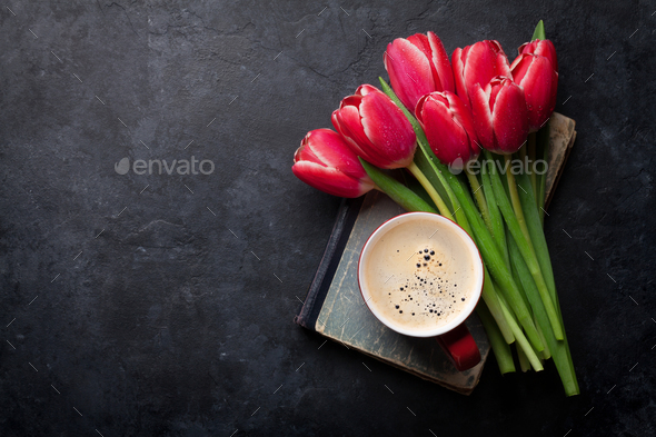 Red tulip flowers bouquet and coffee cup - Stock Photo - Images