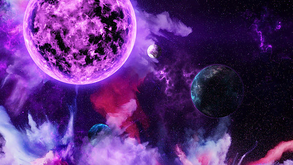 Abstract Nebula in Space with Big Purple Star and Planets and Energy Flares