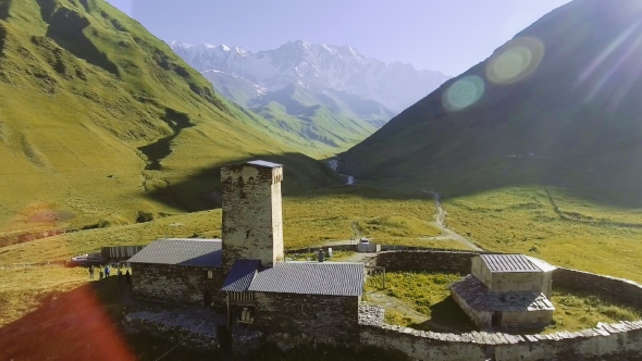 View of the Ushguli Village at the Foot of Mt. Shkhara. Picturesque and Gorgeous Scene. Famous