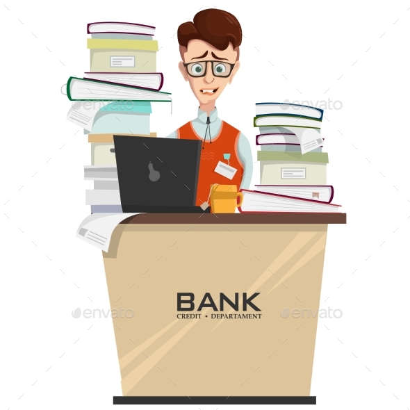 Vector Concept of Bank Employee with Lot of Work - People Characters