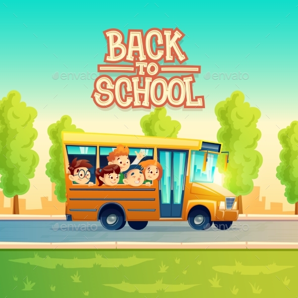 Vector Cartoon Kids Back to School on Yellow Bus - People Characters