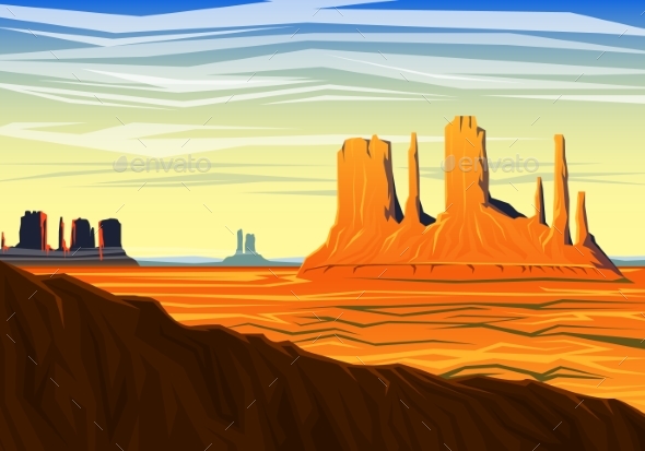 Mountain and Monument Valley, Morning Panoramic - Landscapes Nature