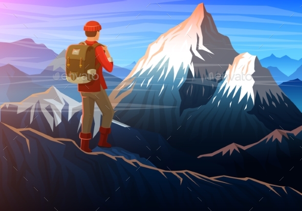 Mountain Everest with Tourist, Evening Panoramic - Sports/Activity Conceptual