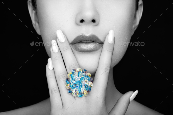 Beauty girl face close up with gloss lips Stock Photo by heckmannoleg