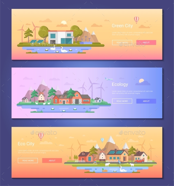 Eco City - Set of Modern Flat Design Style Vector - Buildings Objects