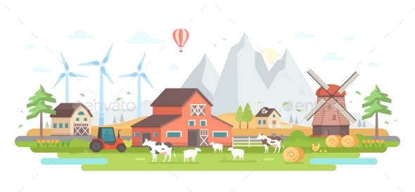 Farm By the Mountains - Modern Flat Design Style - Buildings Objects