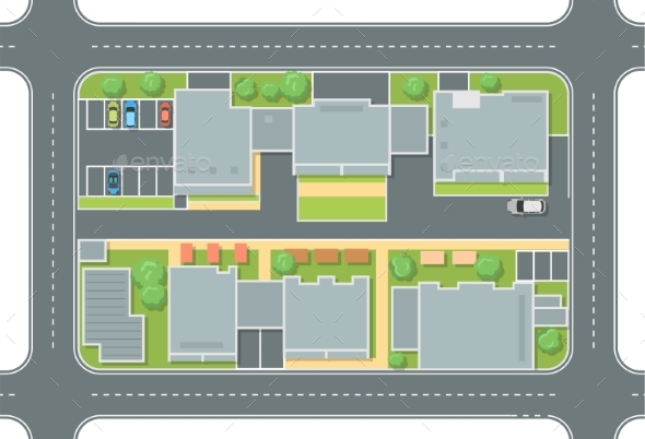 City Street Top View - Modern Vector Colorful - Buildings Objects
