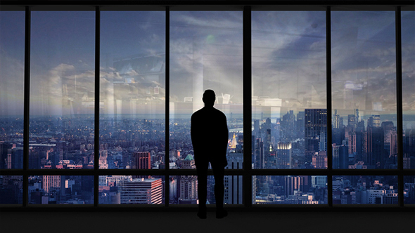 Business Man Silhouette In Front Of Panoramic Window