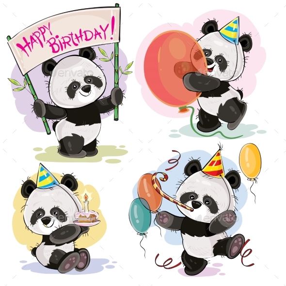 Happy Birthday Vector Set with Baby Panda Bears - Birthdays Seasons/Holidays
