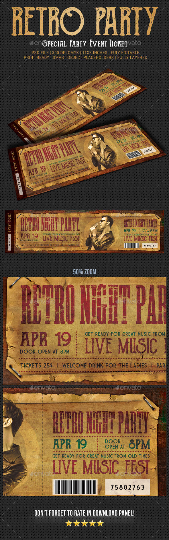 Retro Party Event Ticket - Cards & Invites Print Templates