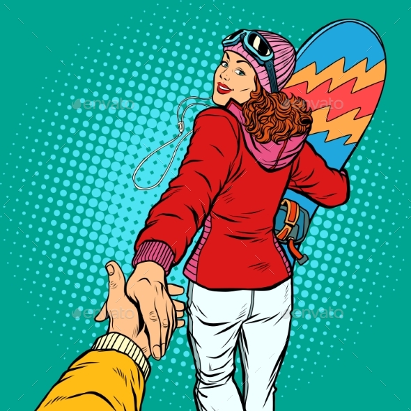 Snowboarding Woman Extreme Winter Sport Follow Me - People Characters