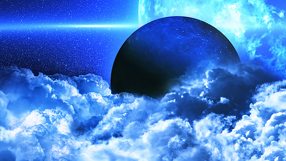 Abstract Blue Clouds in Space and Planet with the Big Blue Star on Background