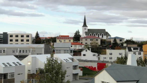 Roofs and Houses in Small Icelandic Town in Autumn Day, Nordic Minimalistic Architecture