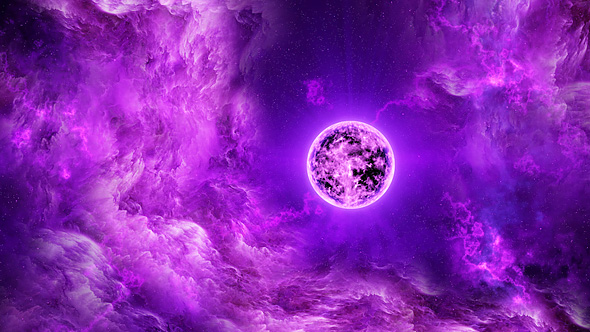 Flying Through Abstract Purple Space Nebula to the Big Purple Star