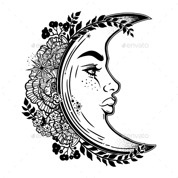 Crescent Moon As a Woman Face. - Tattoos Vectors