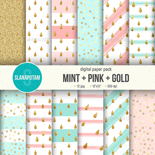 Mint-Pink-Gold Digital Paper Pack - Patterns Backgrounds
