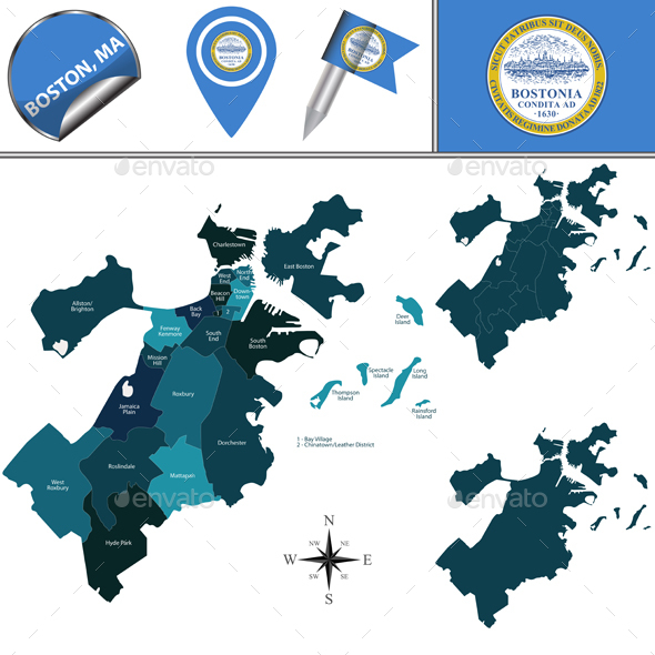 Map of Boston with Neighborhoods - Travel Conceptual