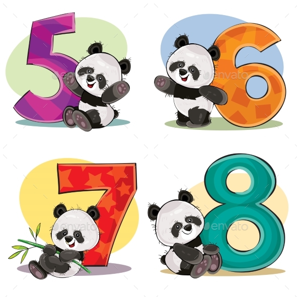 Vector Set of Baby Panda Bears with Numbers - Animals Characters
