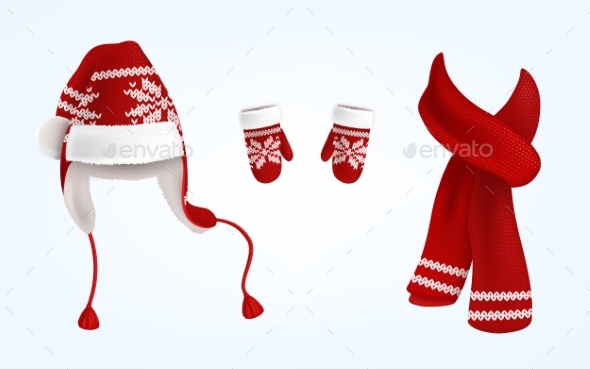 3D Vector Knitted Santa Hat, Mittens and Scarf - Christmas Seasons/Holidays