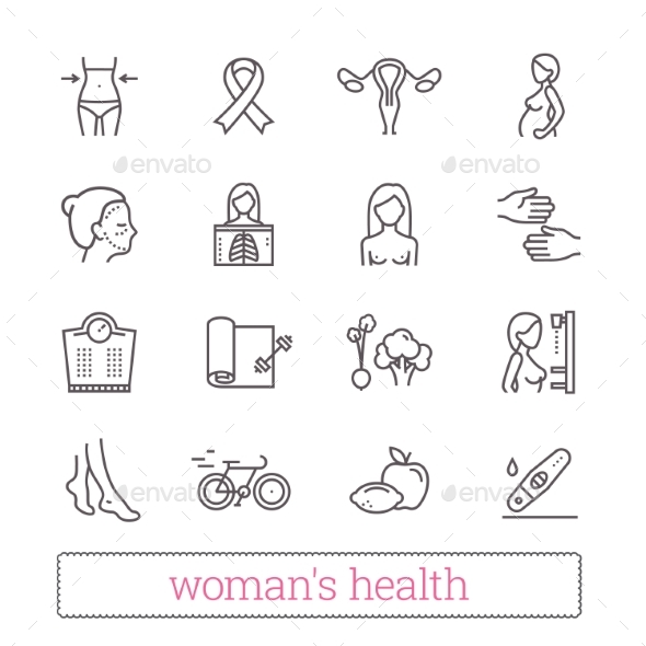 Woman's Health, Beauty & Medicine Thin Line Icons. - People Characters