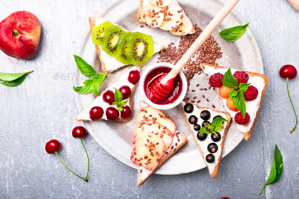 Fruit toast on grey background - Stock Photo - Images