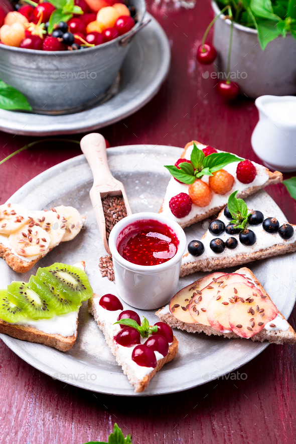 Fruit toast on red background - Stock Photo - Images