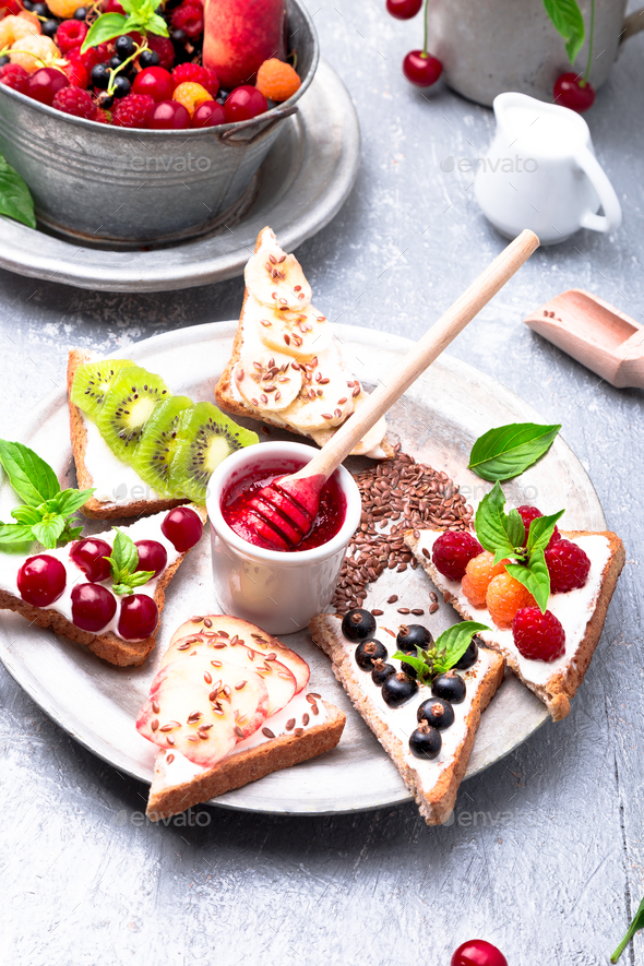 Fruit toast on grey background - Stock Photo - Images